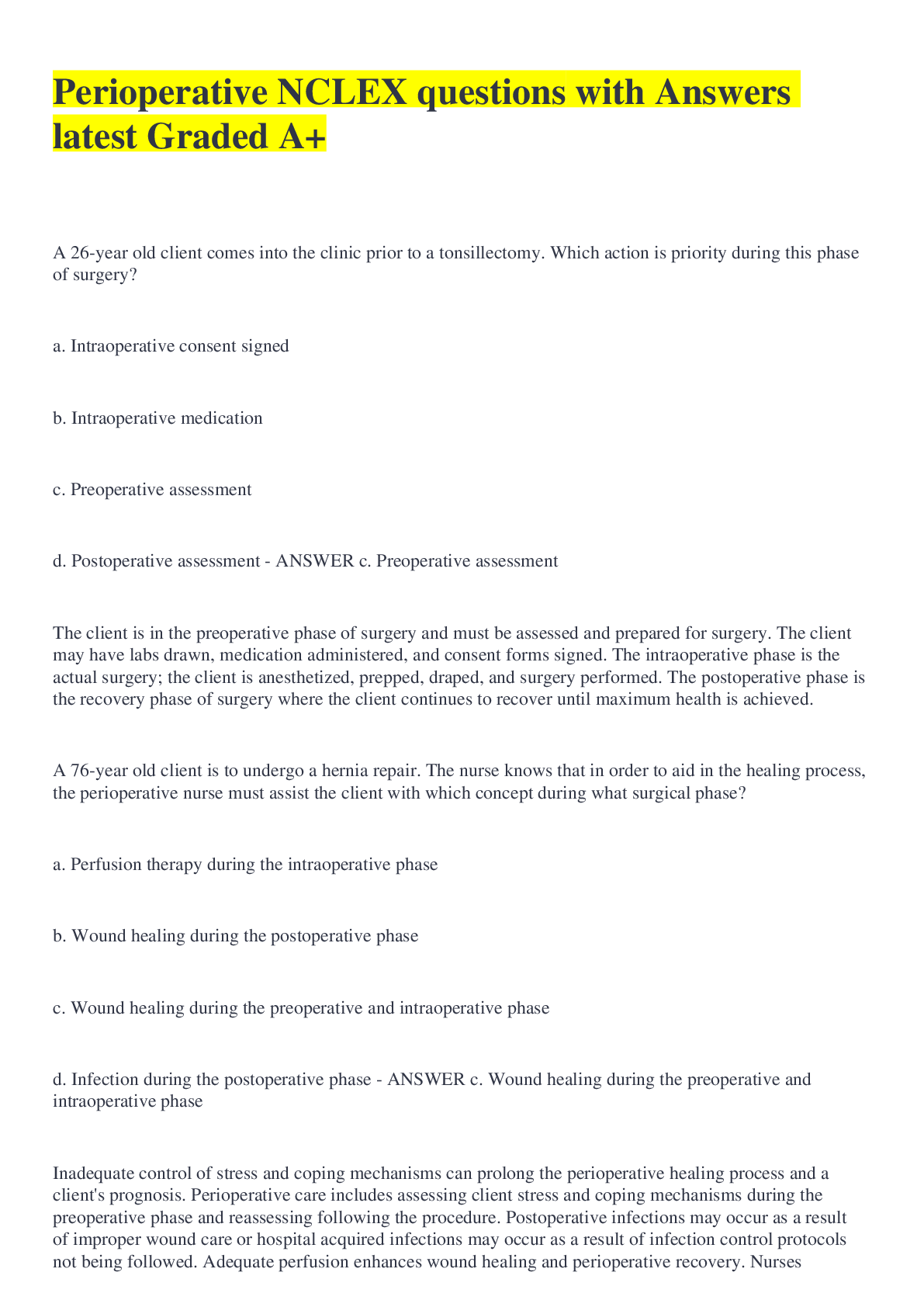 Preview image for Perioperative NCLEX questions with Answers latest Graded A+
